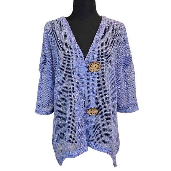Lulu-B Purple Open Weave Cardigan Size Medium Oversized Wood Buttons Casual - Picture 1 of 12
